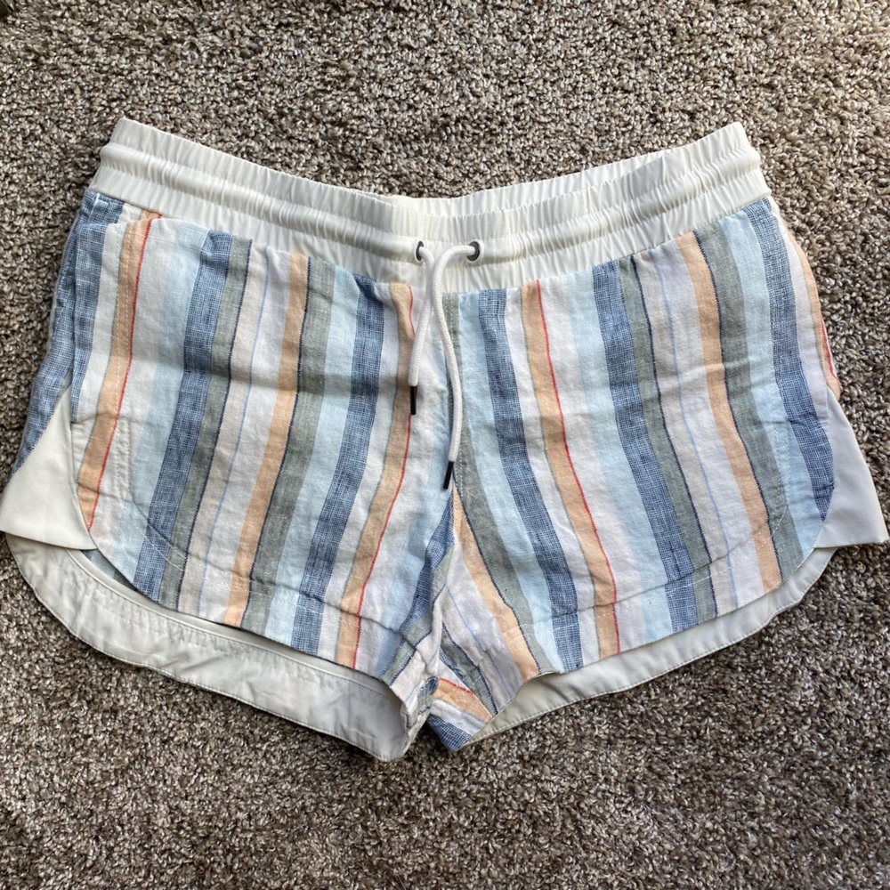 Athleta Beachside Bali Blue Rainbow Striped Beach Linen Tie Waist Shorts